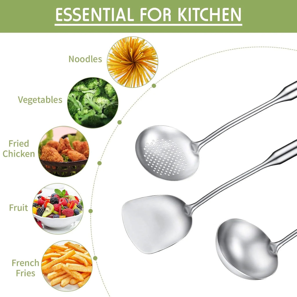 Stainless Steel Kitchen Utensils Set – Includes Wok Spatula (Turner) & Skimmer, Ladle, Heat-Resistant for Everyday Cooking Convenience