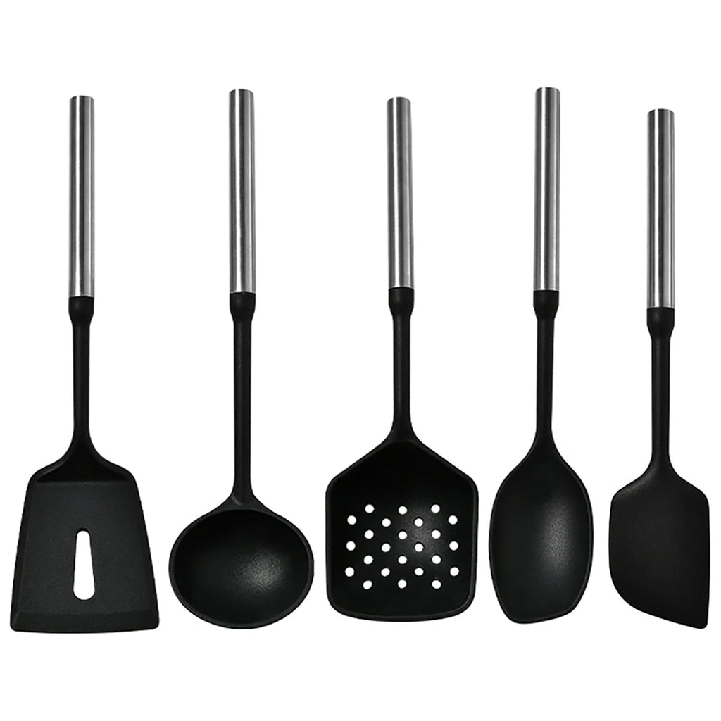 Stainless Steel Handle Silicone Kitchen Utensil Set – Cooking Utensils for Non-Stick Cookware – Spatula, Ladle, Turner & More – Available in Multiple Sets (5 Pieces / 6 Pieces) 5 Pieces (Standard)
