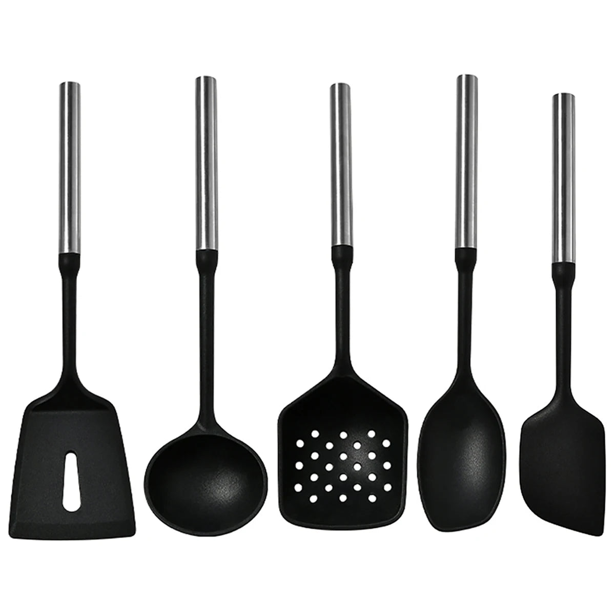 Stainless Steel Handle Silicone Kitchen Utensil Set – Cooking Utensils for Non-Stick Cookware – Spatula, Ladle, Turner & More – Available in Multiple Sets (5 Pieces / 6 Pieces) 5 Pieces (Standard)