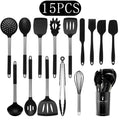 Silicone Kitchen Utensils Set with Stainless Steel Handles – Non-Stick, Heat-Resistant Cooking Utensils for Everyday Cooking & Baking, Available in 4 Colours & Multiple Set Sizes 15-Piece Black