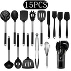 Silicone Kitchen Utensils Set with Stainless Steel Handles – Non-Stick, Heat-Resistant Cooking Utensils for Everyday Cooking & Baking, Available in 4 Colours & Multiple Set Sizes 15-Piece Black