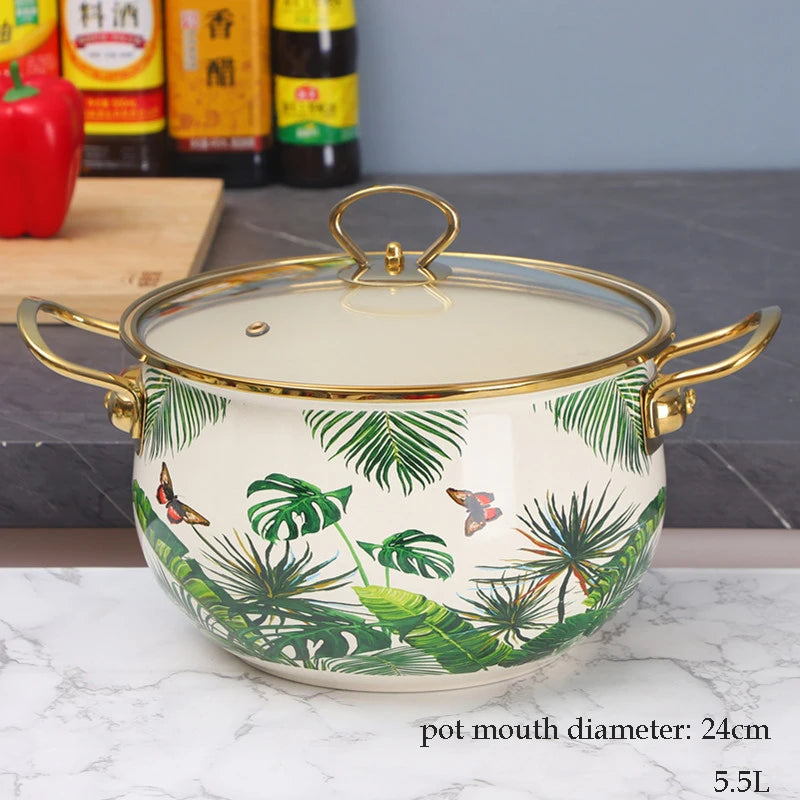 Retro Floral Enamel Soup Pot with Lid | Gas & Induction | 4 Designs | 2L–5.5L B 5.5L