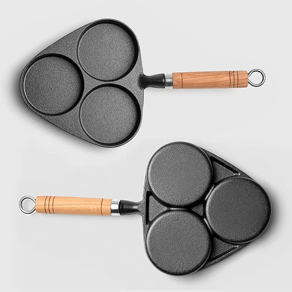 Three Hole Cast Iron Fried Egg Pan With Wooden Handle Breakfast Pancake Pan Nonstick Egg Pan