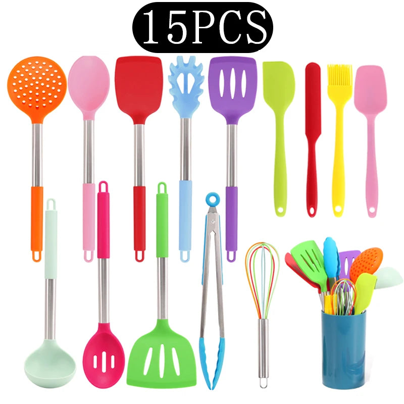 Silicone Kitchen Utensils Set with Stainless Steel Handles – Non-Stick, Heat-Resistant Cooking Utensils for Everyday Cooking & Baking, Available in 4 Colours & Multiple Set Sizes 15-PieceRainbow