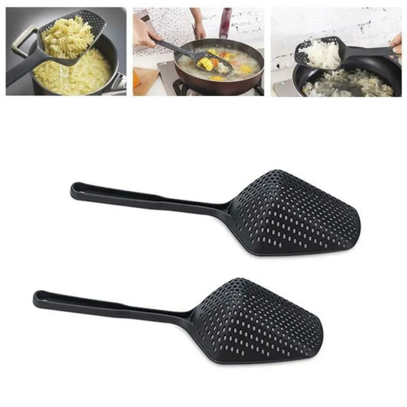 Multi-Purpose Anti-Slip Kitchen Scoop Strainer/Colander – Large Perforated Food Scoop for Draining, Scooping, Filtering Soup, Pasta & Vegetables, with Hanging Hole for Easy Storage, Available in Black, Yellow & Red