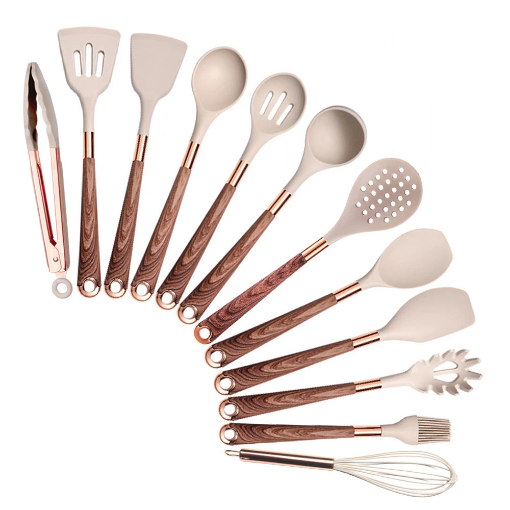 Silicone Cooking Utensils Set with Gold-Plated Handles – Non-Stick Safe, Heat Resistant | Black &amp; Beige | Available in 5, 7, 10 &amp; 12-Piece Sets Beige — 12 Piece Set