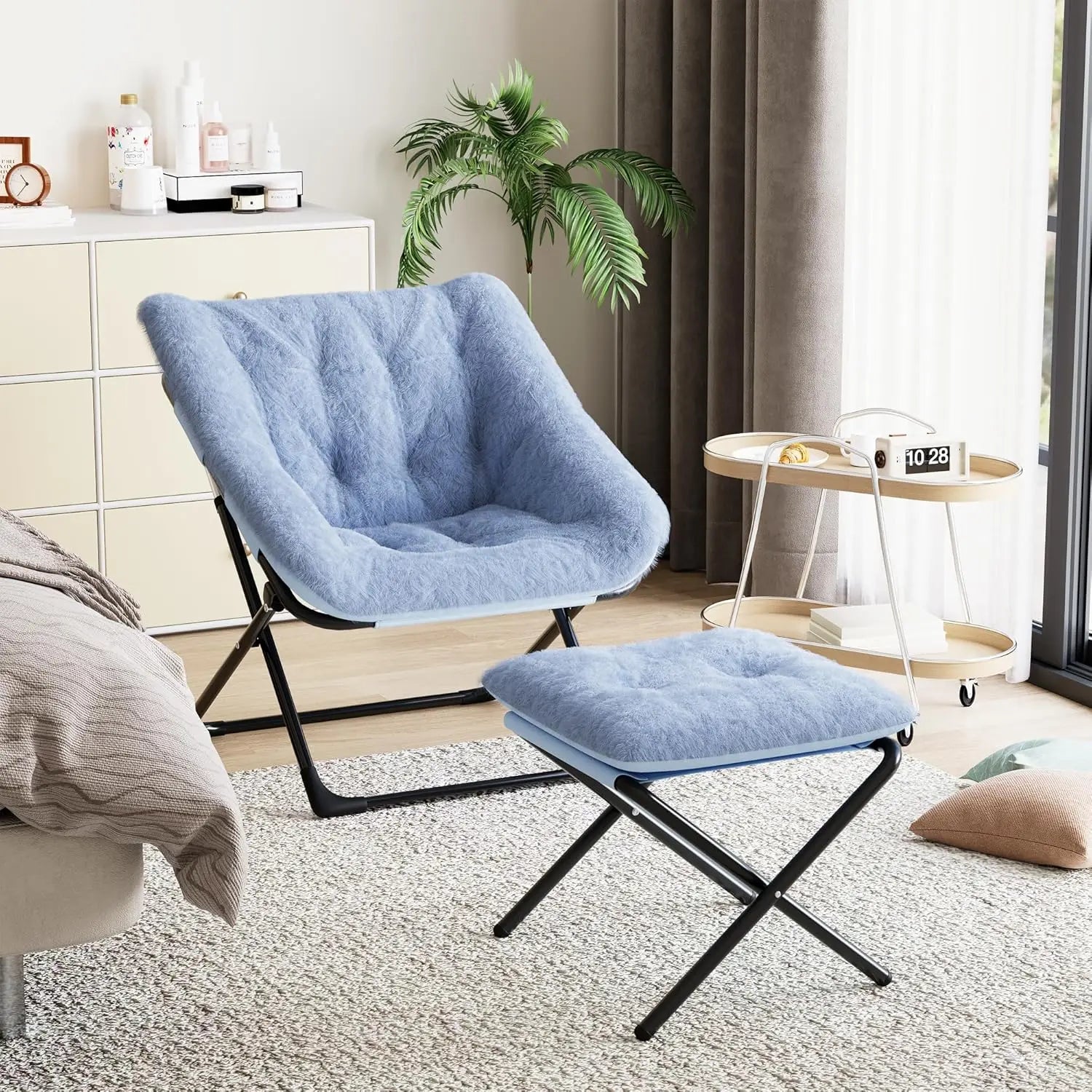 Faux Fur Foldable Lounge Chair with Ottoman | Steel Frame | 5 Colours blue UNITED KINGDOM