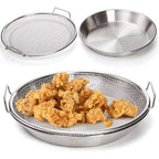 Multi-Use Round Stainless Steel Frying Oil Strainer/Drainer Mesh Rack with Elevated Handles and Drip Tray Set, 2-in-1 Mesh Basket & Tray Combo for Fried Foods, Chicken, Fries & Tempura, Strainer, Vegetable Washing & Baking Cooling