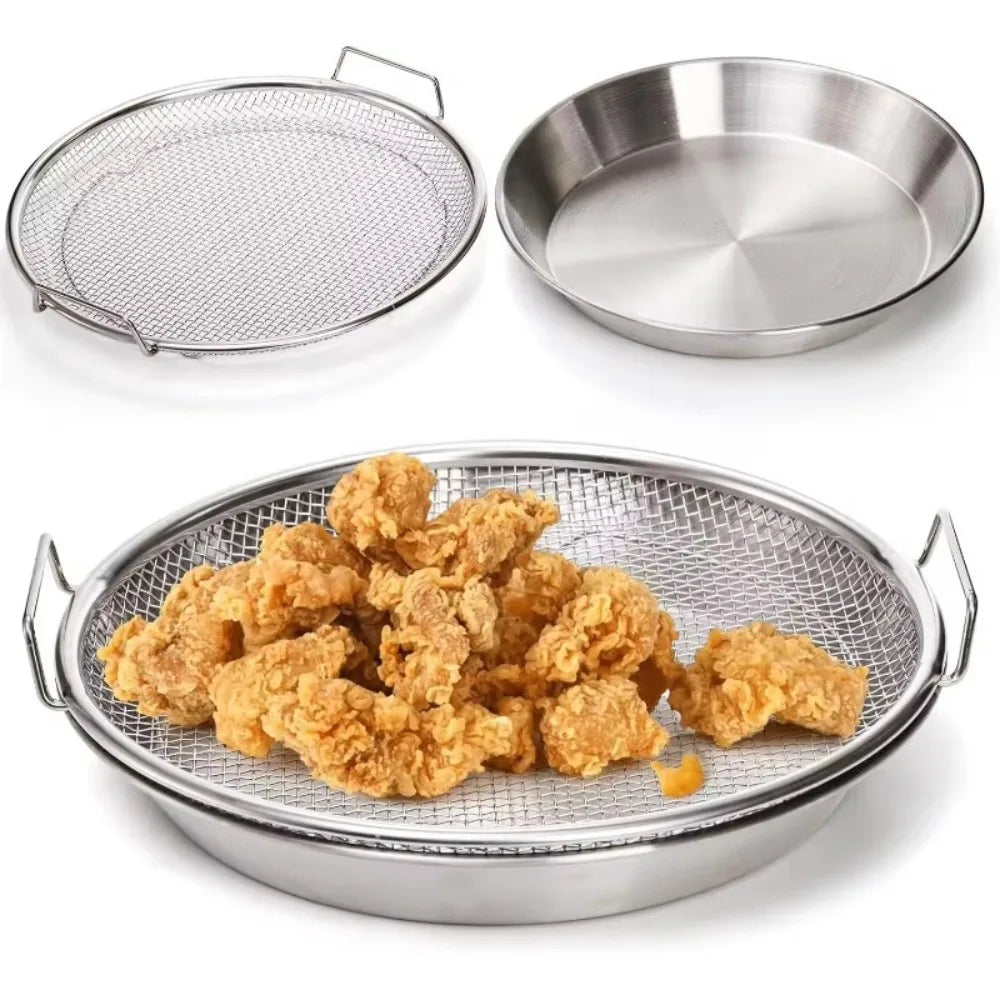 Multi-Use Round Stainless Steel Frying Oil Strainer/Drainer Mesh Rack with Elevated Handles and Drip Tray Set, 2-in-1 Mesh Basket & Tray Combo for Fried Foods, Chicken, Fries & Tempura, Strainer, Vegetable Washing & Baking Cooling