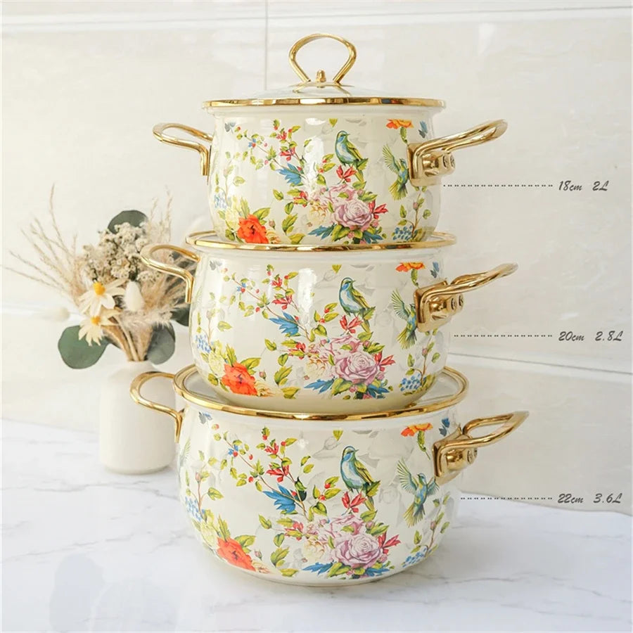 Retro Floral Enamel Soup Pot with Lid | Gas & Induction | 4 Designs | 2L–5.5L