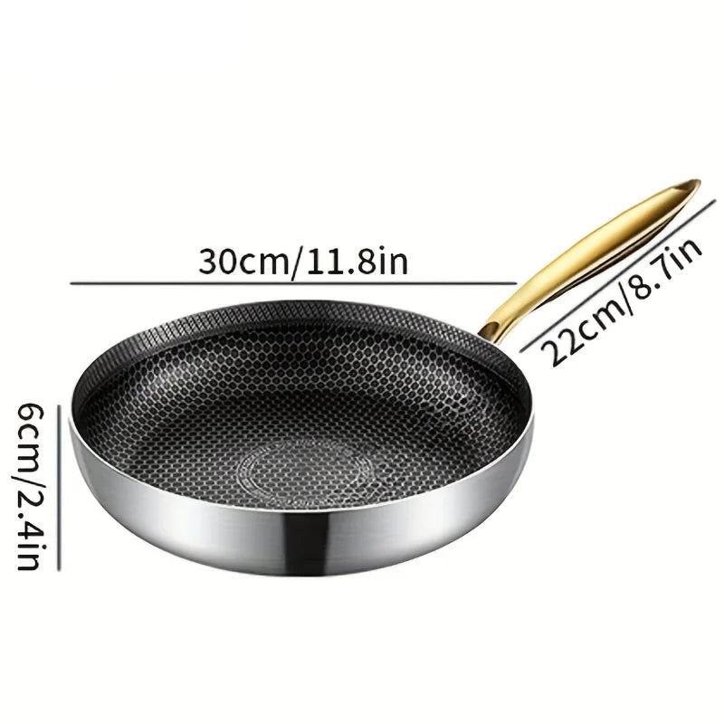 Honeycomb Stainless Steel Non-Stick Frying Pan with Golden Handle | 316 Stainless Steel | Induction & Gas Compatible | Ideal for Steak, Eggs, Pancakes, Fish & Stir-Fries | Available in 22cm, 24cm, 26cm, 28cm & 30cm 30cm