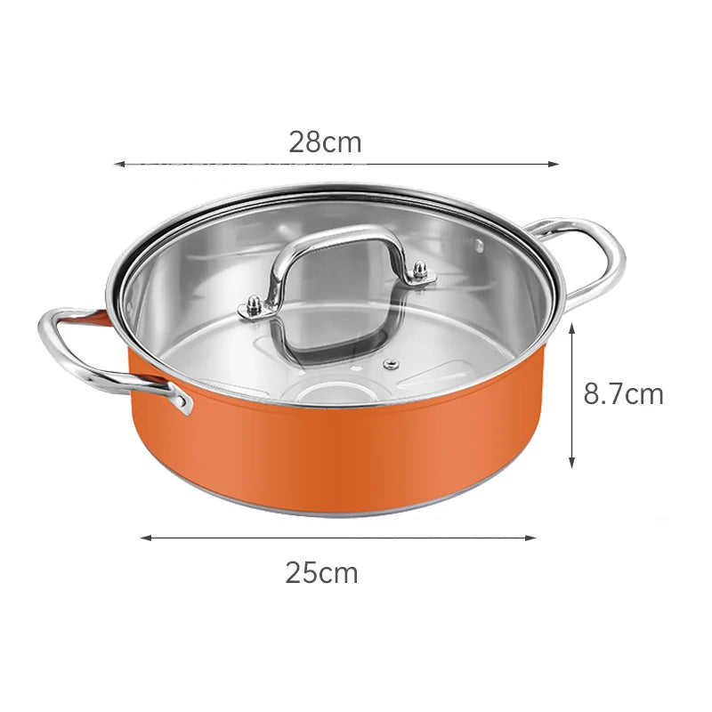 28cm Stainless Steel Stew Pot with Glass Lid – Induction Compatible, Suitable for Gas & Induction, Great for Soups, Stews, and Everyday Cooking Orange