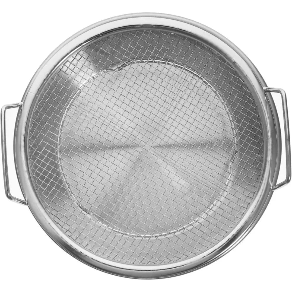 Multi-Use Round Stainless Steel Frying Oil Strainer/Drainer Mesh Rack with Elevated Handles and Drip Tray Set, 2-in-1 Mesh Basket & Tray Combo for Fried Foods, Chicken, Fries & Tempura, Strainer, Vegetable Washing & Baking Cooling