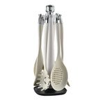 7-Piece Silicone Kitchen Utensils Set with 360° Rotating Countertop Holder – White silicone heads and handles with silver-tone stainless steel hanging hooks/end caps. Heat-Resistant, Dishwasher Safe