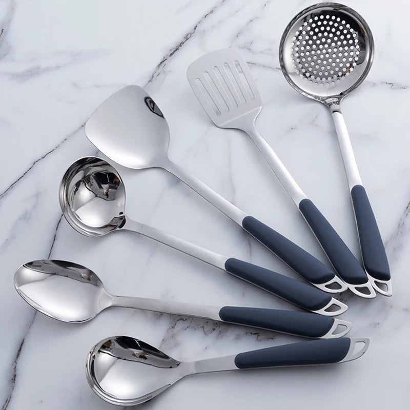 6-Piece Stainless Steel Kitchen Utensil Set with Ergonomic Handles Gray handle