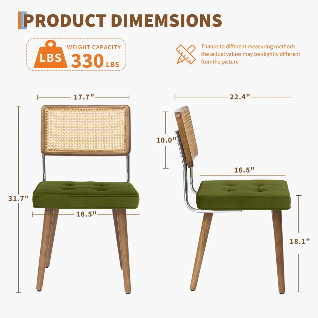 Rattan Back Dining Chair with Velvet Seat | Wooden Legs | 3 Colours