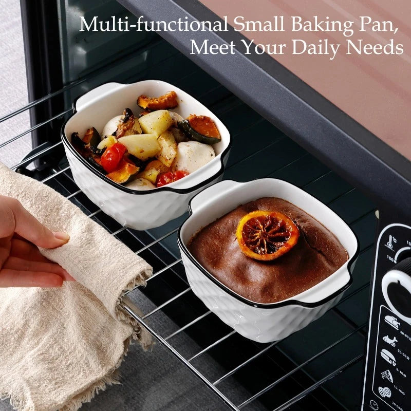 White Porcelain Baking Dish Set with Black Rim & Handles – Diamond Embossed, Oven Safe, Great for Au Gratin, Casseroles, and Everyday Baking