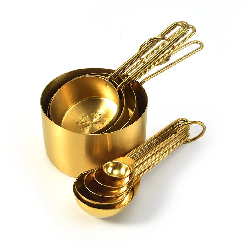 Gold Stainless Steel Measuring Cups & Spoons Set 9pcs set 5 measuring cups + 4 measuring spoons