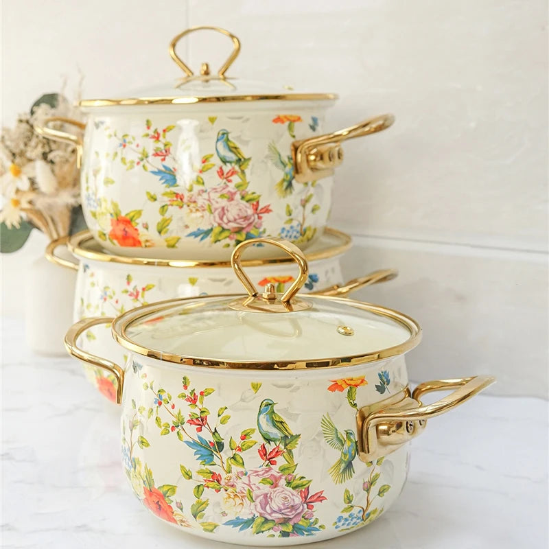 Retro Floral Enamel Soup Pot with Lid | Gas & Induction | 4 Designs | 2L–5.5L