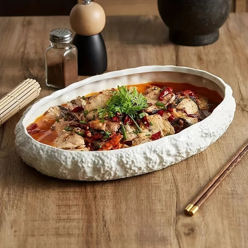 Ceramic Fish Plate with Rock Texture | Scratch Resistant | 3 Sizes
