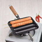 Cast Iron Preseasoned Grilled Sausage Pan With Wooden Handle Nonstick Hot Dog Pan Anti Scald