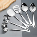 6-Piece Stainless Steel Kitchen Utensil Set – Heat-Resistant with Ergonomic Handles & Hanging Holes, Includes Slotted Spoon, Ladle, Turner, Cooking Spoon & Rice Spoon