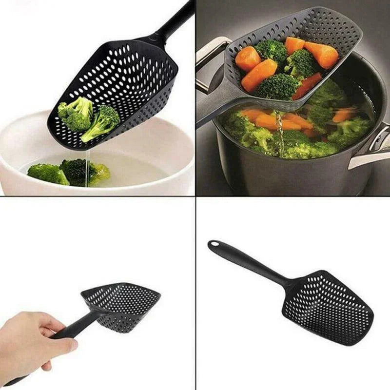 Multi-Purpose Anti-Slip Kitchen Scoop Strainer/Colander – Large Perforated Food Scoop for Draining, Scooping, Filtering Soup, Pasta & Vegetables, with Hanging Hole for Easy Storage, Available in Black, Yellow & Red