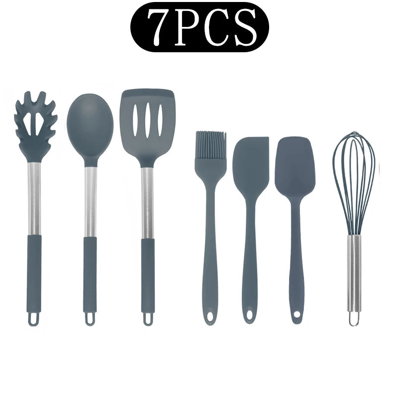 Silicone Kitchen Utensils Set with Stainless Steel Handles – Non-Stick, Heat-Resistant Cooking Utensils for Everyday Cooking & Baking, Available in 4 Colours & Multiple Set Sizes 7-PieceGrey