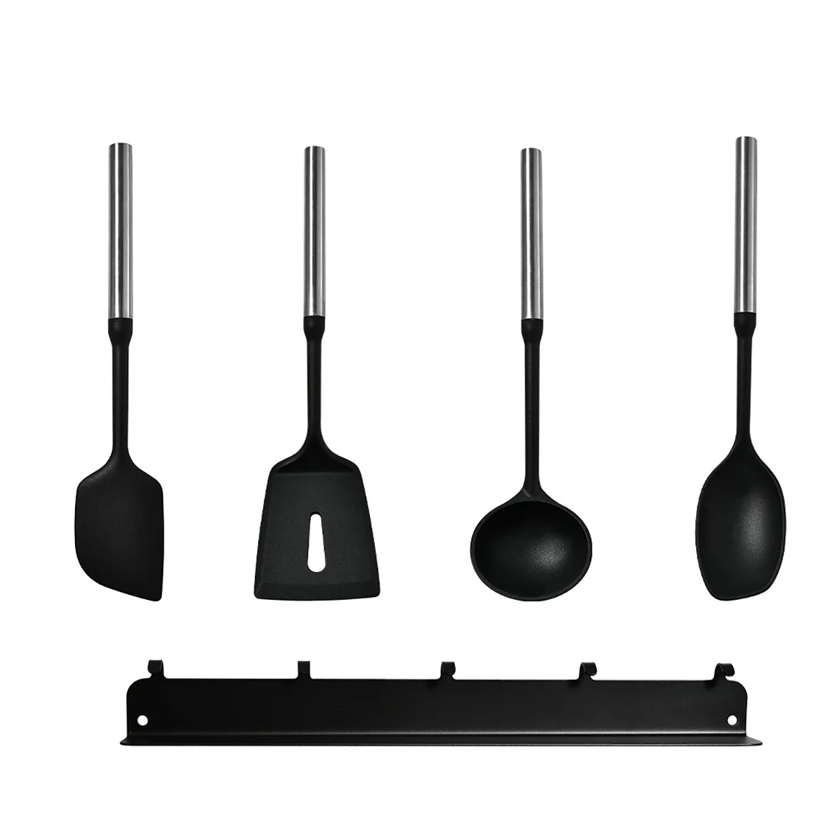Stainless Steel Handle Silicone Kitchen Utensil Set – Cooking Utensils for Non-Stick Cookware – Spatula, Ladle, Turner & More – Available in Multiple Sets (5 Pieces / 6 Pieces) 4 Utensils + Wall-Mounted Rack (Set A)