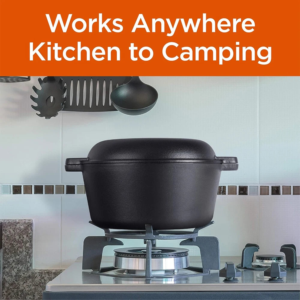 Pre-Seasoned 26cm Cast Iron Dutch Oven with Skillet Lid, Dual Handles – 2-in-1 Combo Pot & Pan Set – Includes Anti-Slip Mat & Silicone Clips, Multi-Purpose Cookware Set, Best for Frying, Searing,Stewing, Roasting, Bread, Baking, Camping & BBQ