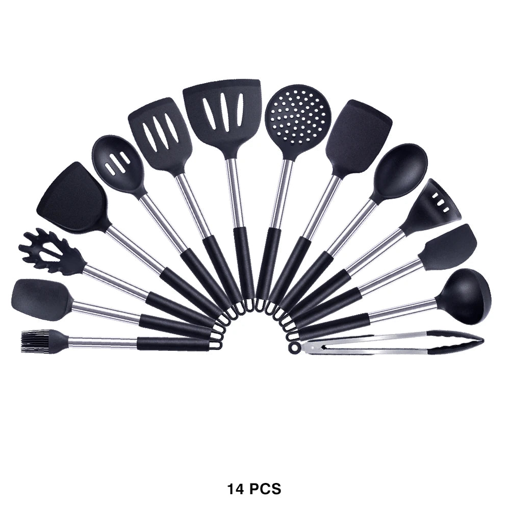 Silicone Kitchen Utensils Set with Stainless Steel Handles – Non-Stick Safe, Heat Resistant | Grey & Black | Available in 5 to 15-Piece Sets Black — 14 Piece Set