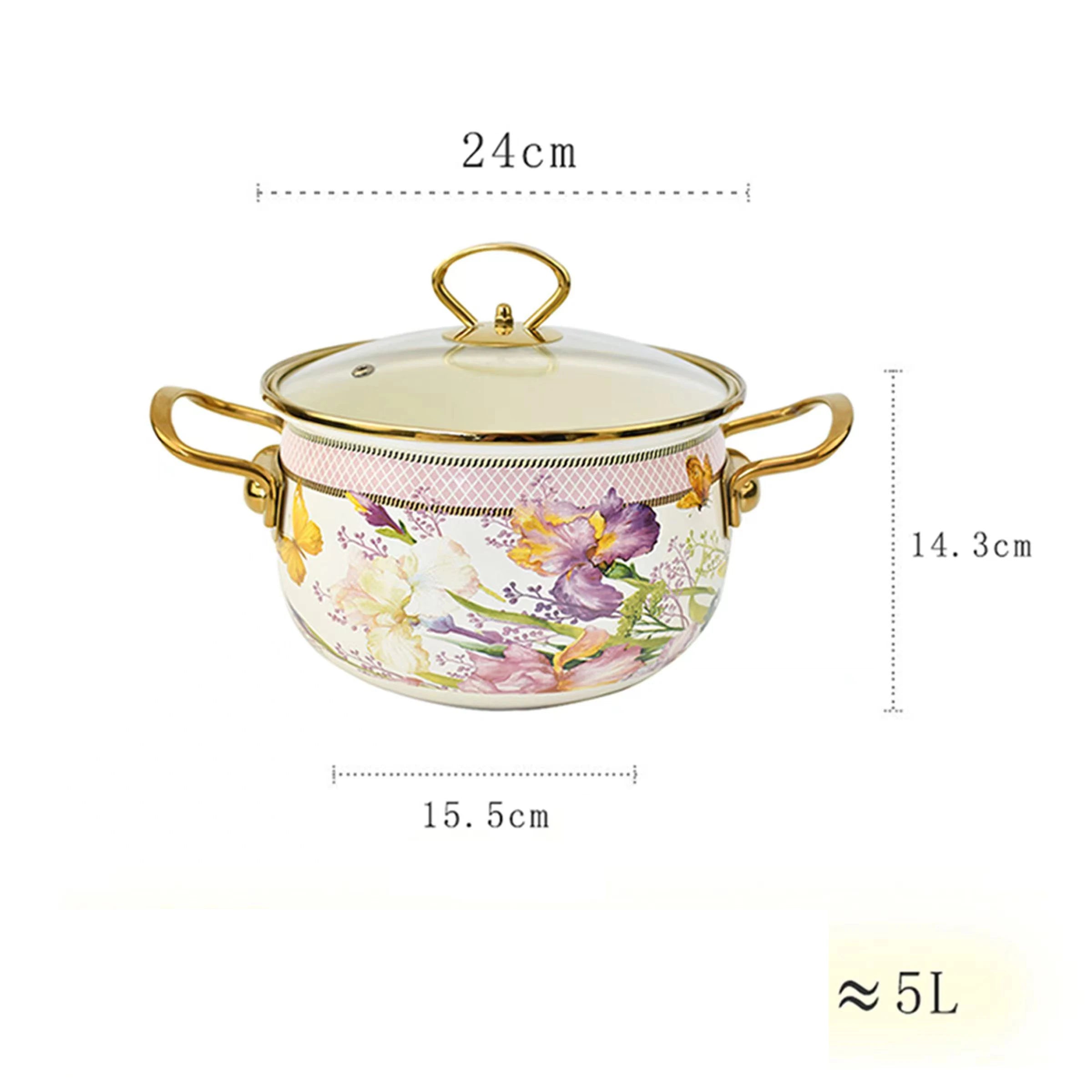 Retro Floral Enamel Stew Pot with Lid | Double Handle | 2 Designs | 2.8L–5L B 5L