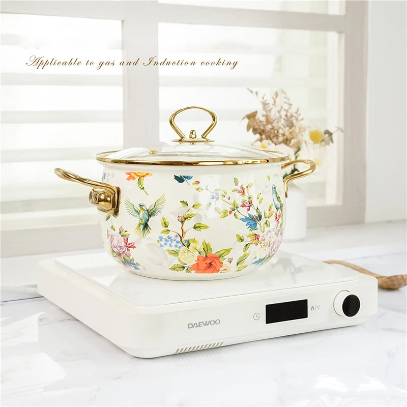 Retro Floral Enamel Stew Pot with Lid | Double Handle | 2 Designs | 2.8L–5L