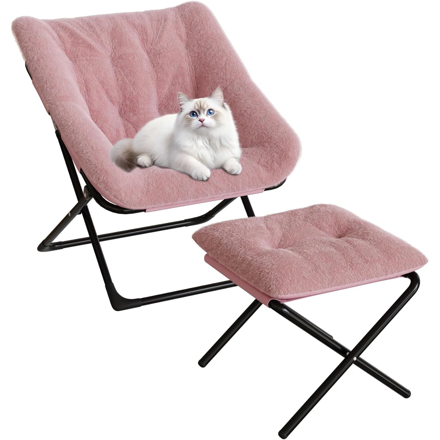 Faux Fur Foldable Lounge Chair with Ottoman | Steel Frame | 5 Colours