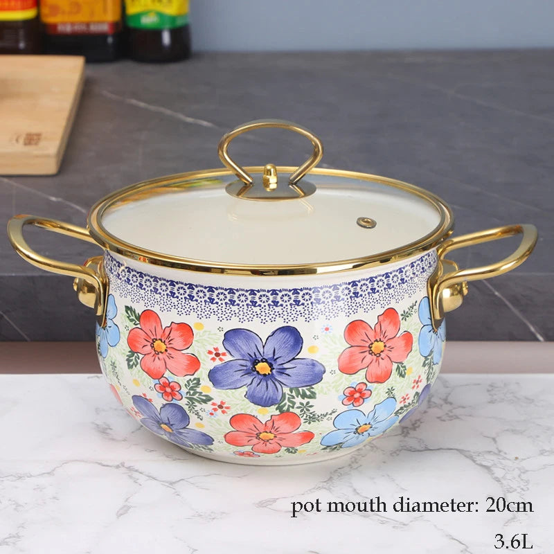 Retro Floral Enamel Soup Pot with Lid | Gas & Induction | 4 Designs | 2L–5.5L D3.6L