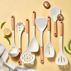 8-Piece Silicone Kitchen Utensils Set with Wooden Handles – Non-Stick Safe | Cream, White & Green