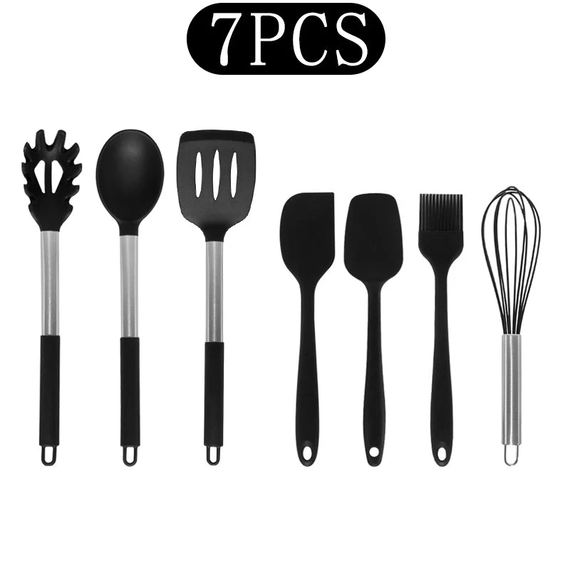 Silicone Kitchen Utensils Set with Stainless Steel Handles – Non-Stick, Heat-Resistant Cooking Utensils for Everyday Cooking & Baking, Available in 4 Colours & Multiple Set Sizes 7-Piece Black