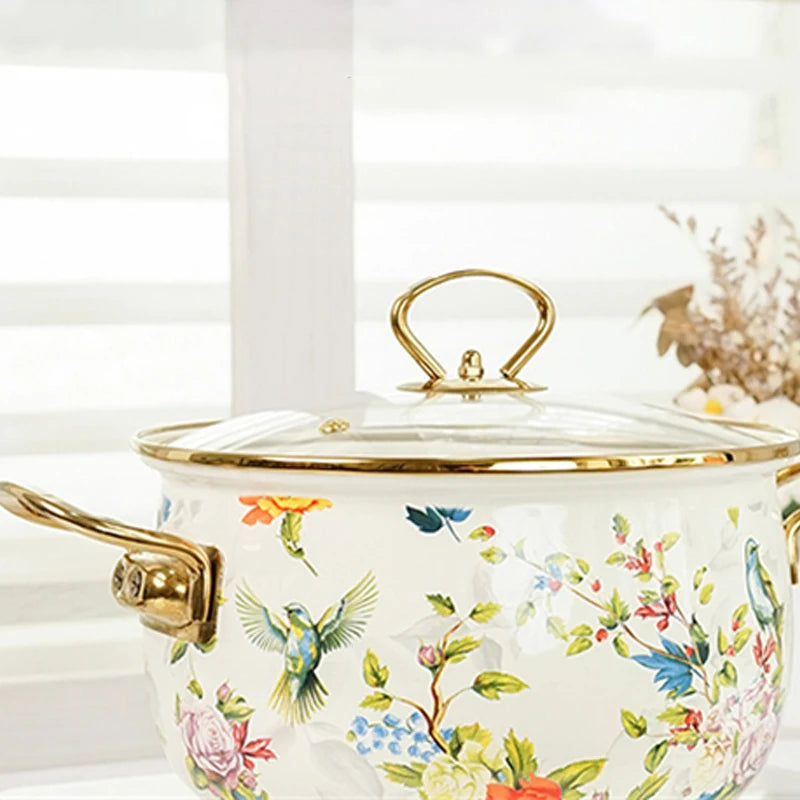 Retro Floral Enamel Stew Pot with Lid | Double Handle | 2 Designs | 2.8L–5L