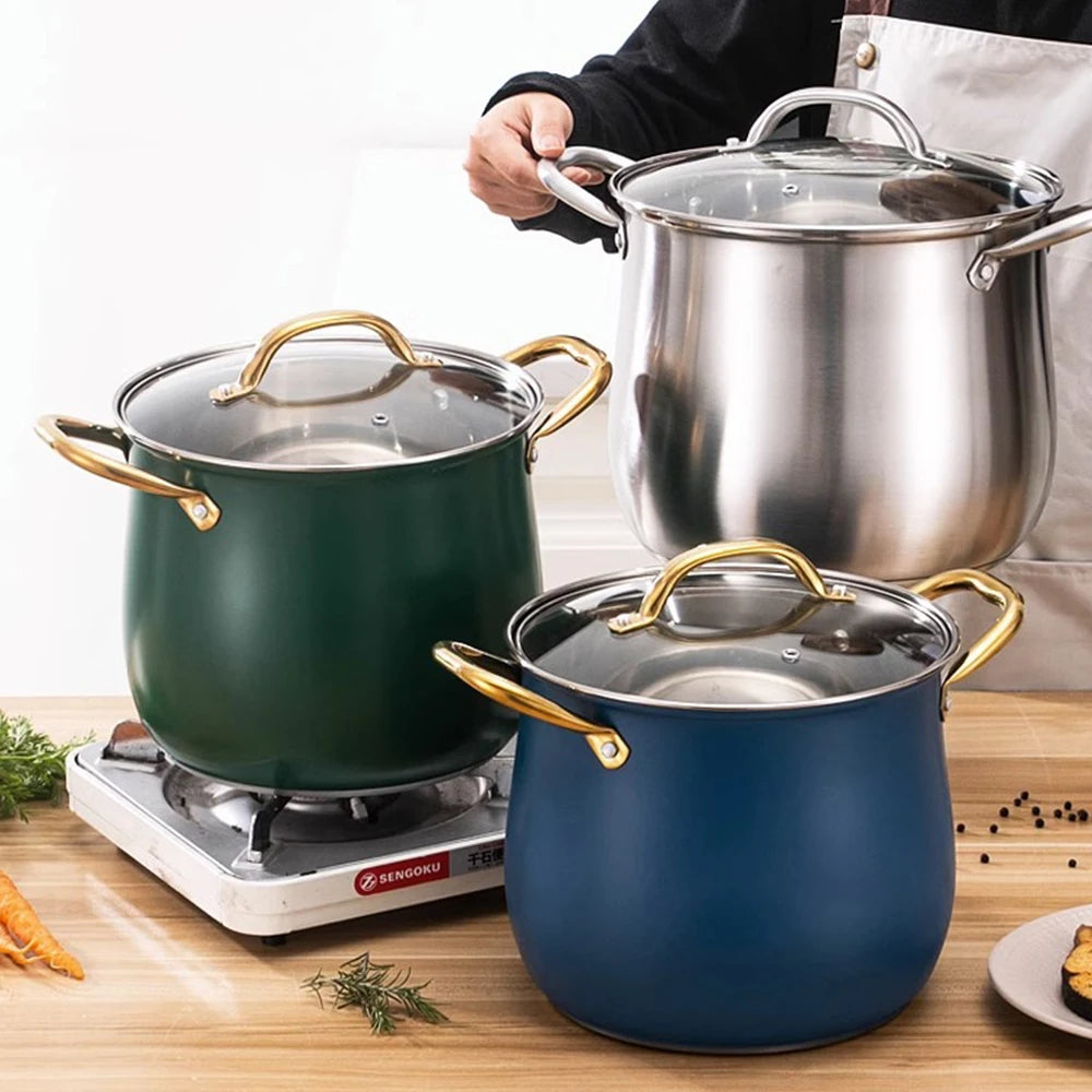 Stainless Steel Soup Pot with Glass Lid & Gold Handles – Thickened Base, Induction Compatible, Great for Soups, Stews, and Everyday Cooking