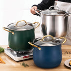Stainless Steel Soup Pot with Glass Lid & Gold Handles – Thickened Base, Induction Compatible, Great for Soups, Stews, and Everyday Cooking