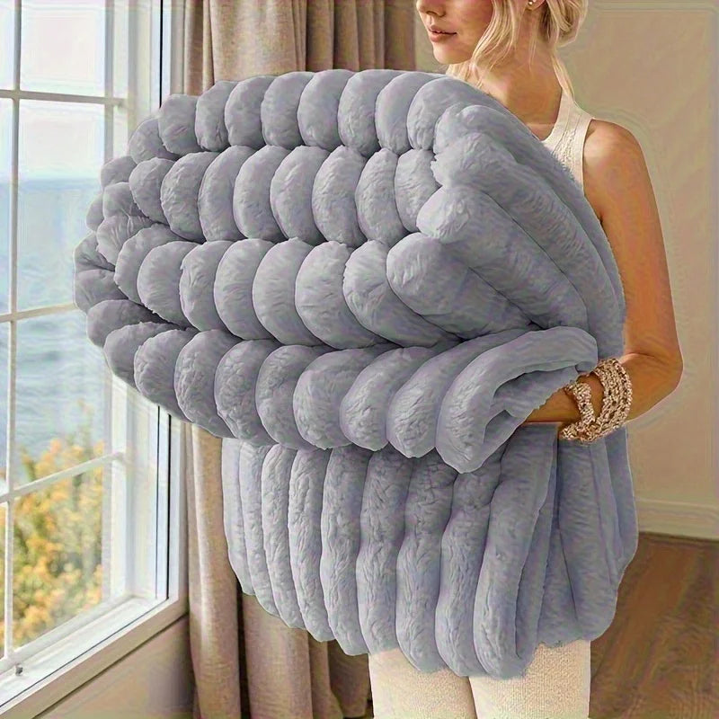 Bamboo Fibre Knitted Fleece Throw Blanket | 300GSM | All Seasons | Striped LIGHT GREY UNITED KINGDOM