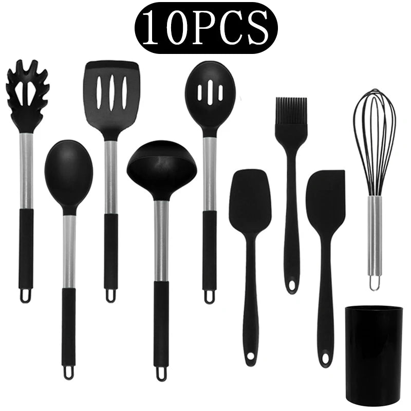 Silicone Kitchen Utensils Set with Stainless Steel Handles – Non-Stick, Heat-Resistant Cooking Utensils for Everyday Cooking & Baking, Available in 4 Colours & Multiple Set Sizes 10-Piece Black