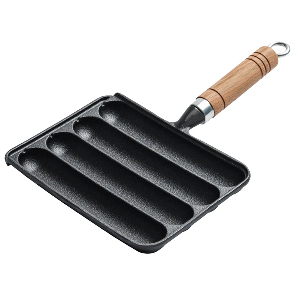Cast Iron Preseasoned Grilled Sausage Pan With Wooden Handle Nonstick Hot Dog Pan Anti Scald