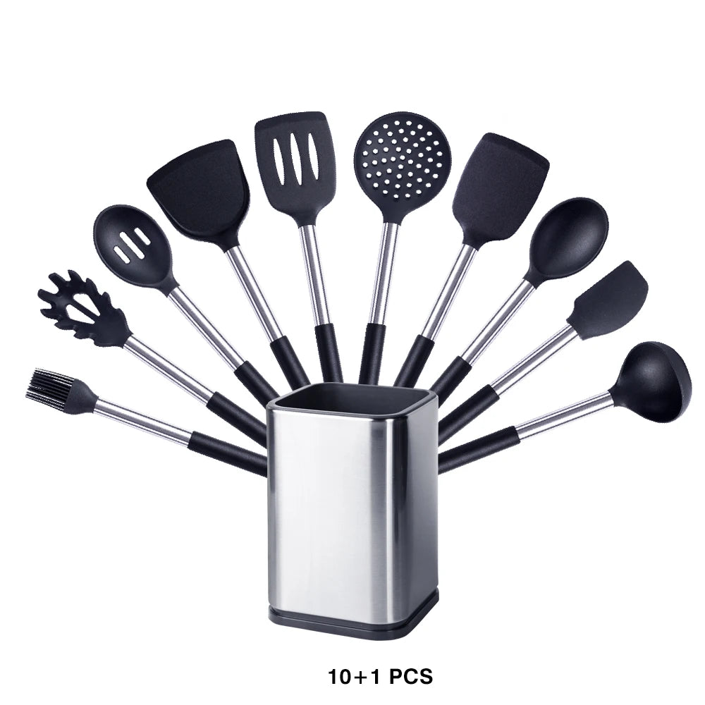 Silicone Kitchen Utensils Set with Stainless Steel Handles – Non-Stick Safe, Heat Resistant | Grey & Black | Available in 5 to 15-Piece Sets Black — 10Piece Set with Holder