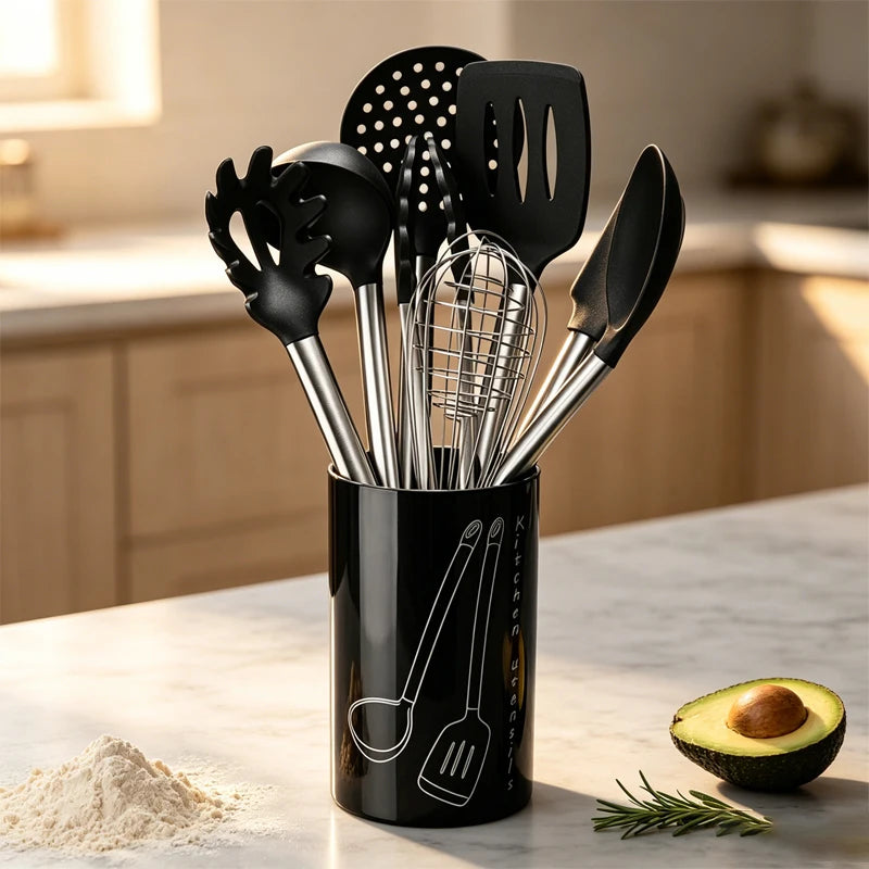 9-Piece Silicone Kitchen Utensils Set with Kitchen Utensils Storage Holder – Non-Scratch, Heat Resistant & Dishwasher Safe