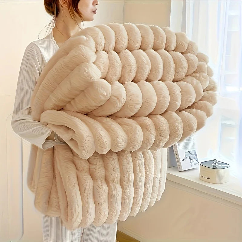 Bamboo Fibre Knitted Fleece Throw Blanket | 300GSM | All Seasons | Striped KHAKI UNITED KINGDOM