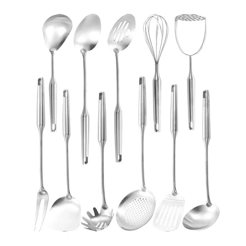 11-piece Stainless Steel Kitchen Utensils Set – 304 Stainless Steel Cooking Utensil Set, Includes Ladle, Whisk, Solid/Slotted Spoon, Spatula, Skimmer, Turner, Pasta Server & More, Heat-Resistant & Dishwasher Safe