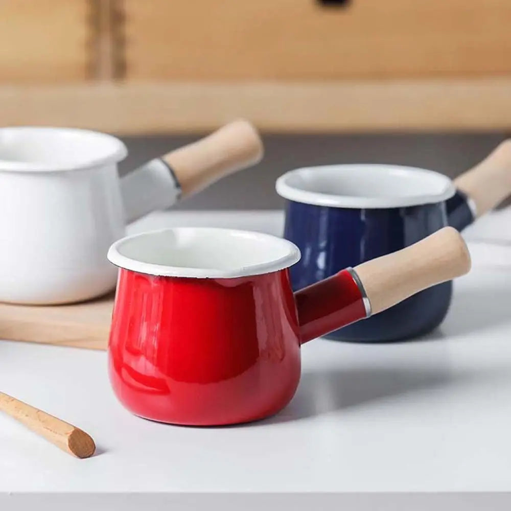 Mini Enamel Milk Pan with Wooden Handle | 500ml | 3 Colours