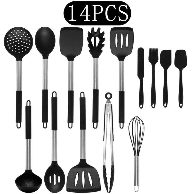 Silicone Kitchen Utensils Set with Stainless Steel Handles – Non-Stick, Heat-Resistant Cooking Utensils for Everyday Cooking & Baking, Available in 4 Colours & Multiple Set Sizes 14-Piece Black