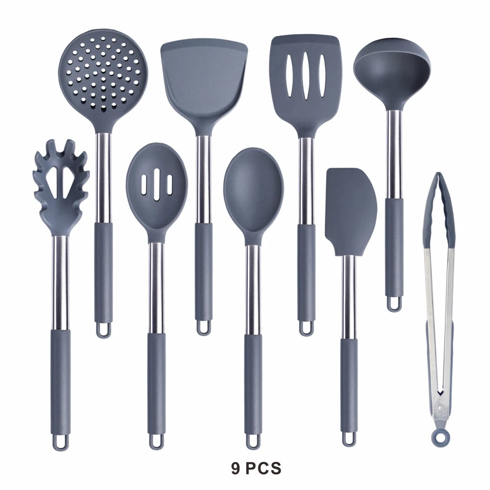 Silicone Kitchen Utensils Set with Stainless Steel Handles – Non-Stick Safe, Heat Resistant | Grey & Black | Available in 5 to 15-Piece Sets Grey — 9 Piece Set